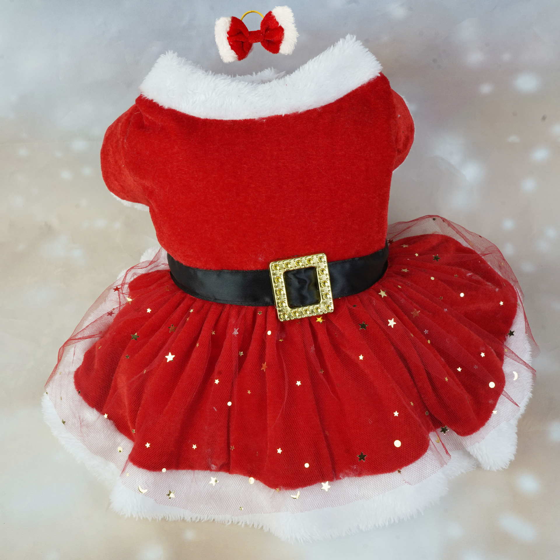 Christmas Dog Dress with Velvet & Tulle Skirt, Matching Bow Hair Tie, Cotton Material, Warm & Comfortable, 4 Sizes for Dogs 1.5-8kg, Ideal for Christm