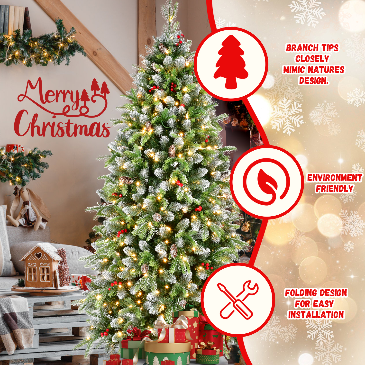 PVC & PE Mixed Warm White Christmas Tree with Red Berries and Natural Pine Cones - 6 Feet