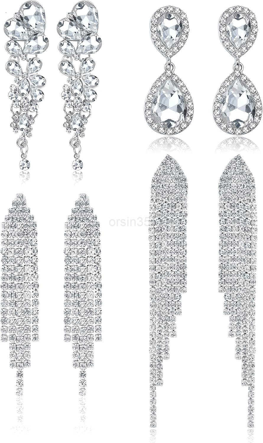 4 Pairs Silver Clip on Earrings for Women Sparkly Rhinestone Tassel Chandelier Teardrop Dangle Earrings for Brides Bridesmaids Non Pierced Prom Jewelr