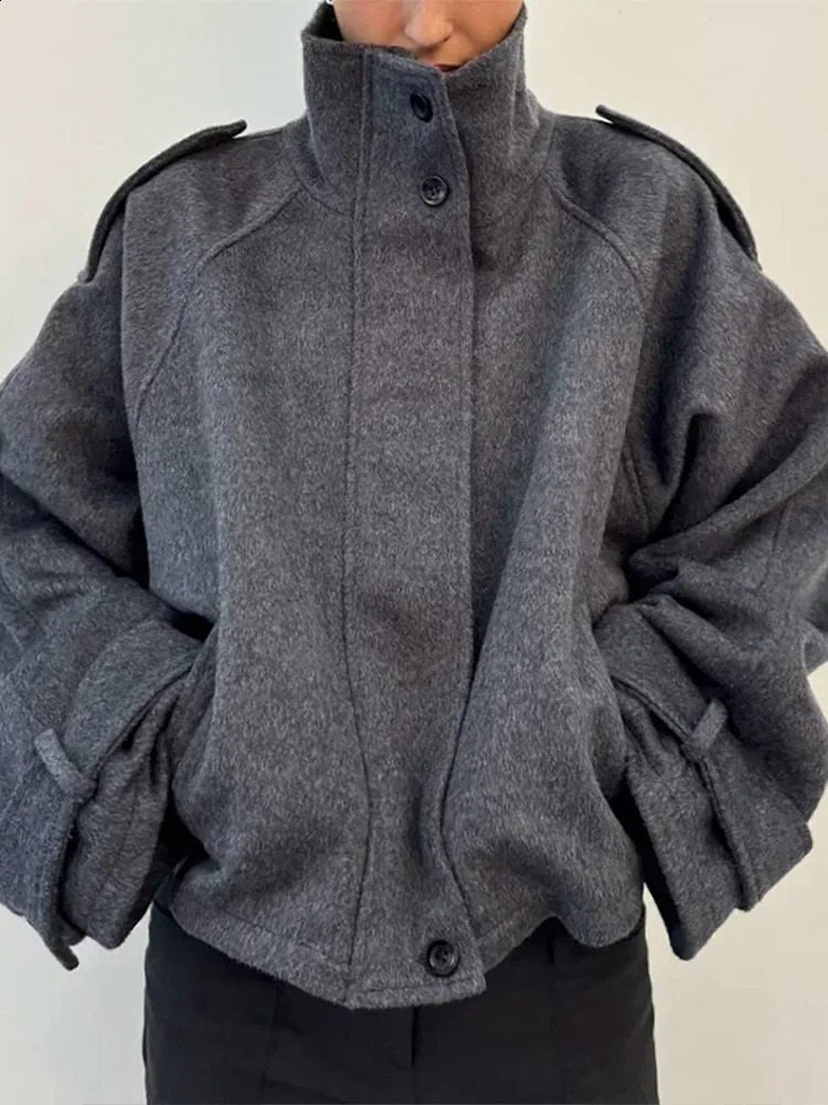 Casual Solid Loose Jackets Women Fashion Full Sleeve Single Breasted Stand Collar Short Coats Female Autumn Lady Outwears 250911