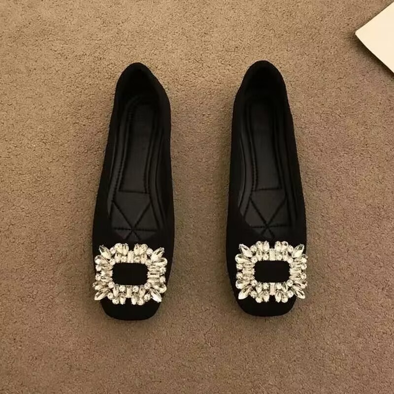 Autumn new designer women's shoes square toe flat bottom women's shoes breathable soft sole anti slip rhinestone square buckle shallow mouth