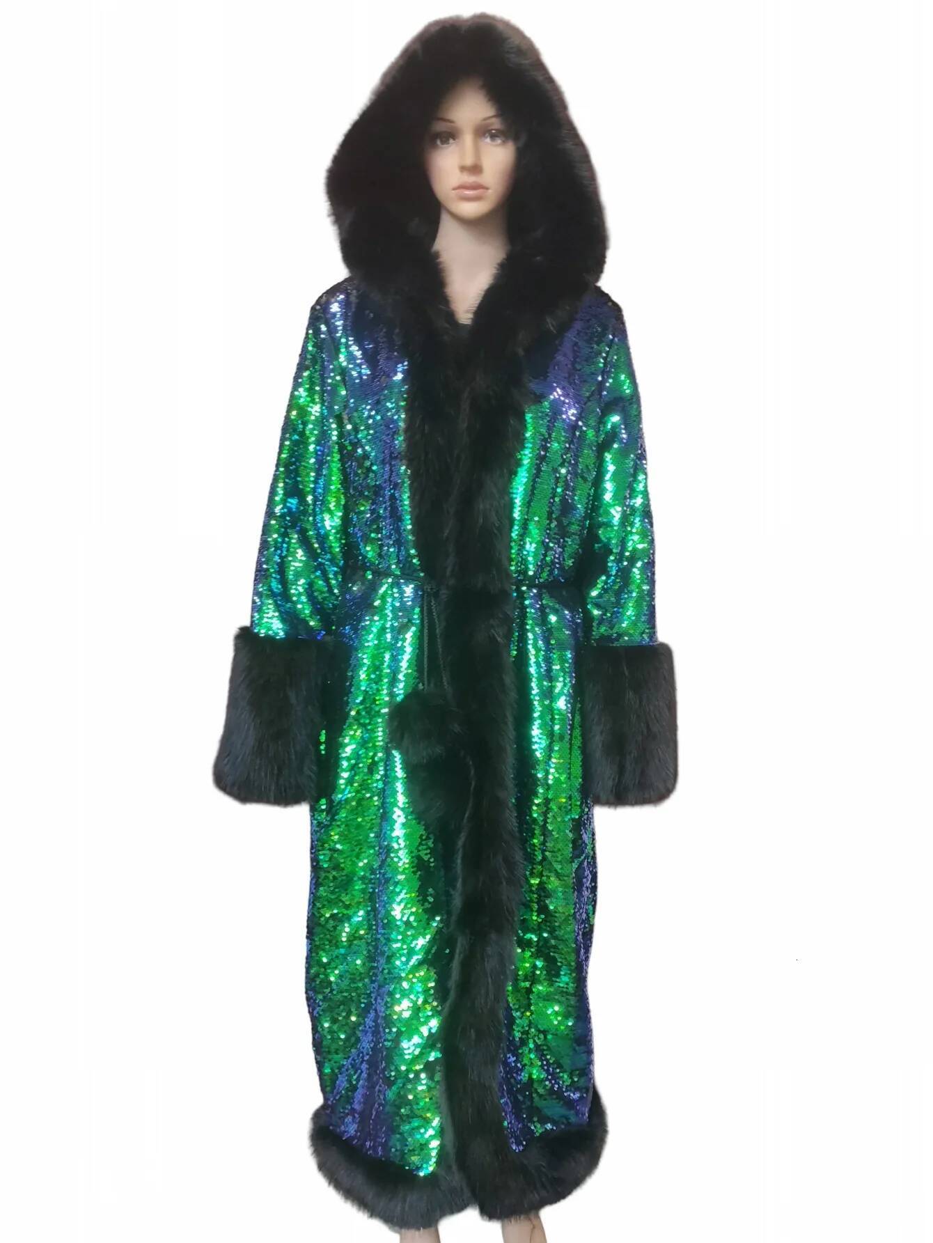 New Women's Faux Fur Sequin Patchwork Reflective And Color-Changing Autumn Winter Windproof Warm Coat