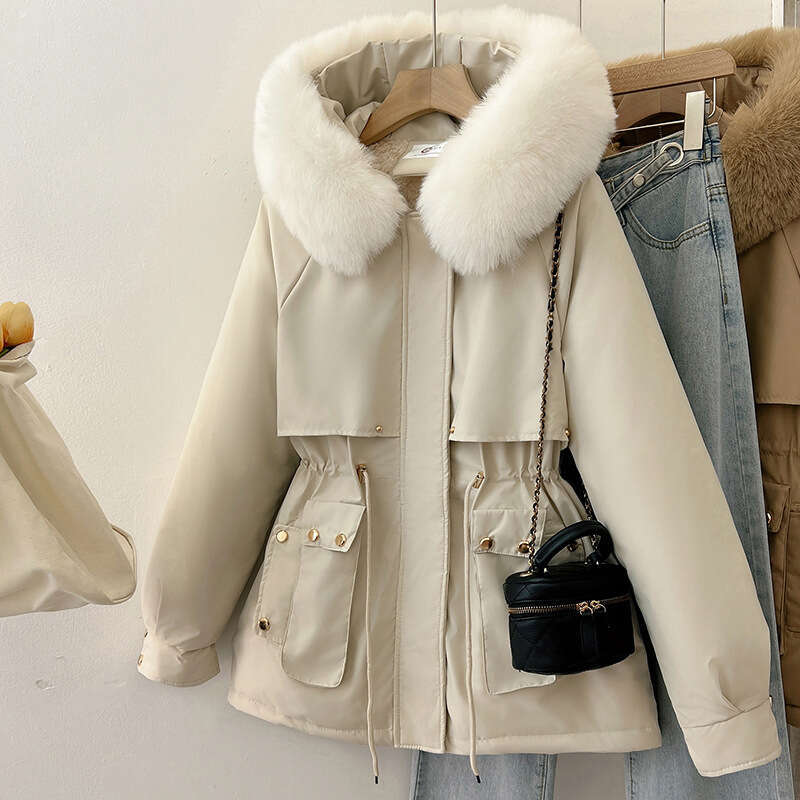Padded Thickened Parka for Women Winter New Korean Style Coat with Large Fur Collar Short Hooded Cotton Jacket