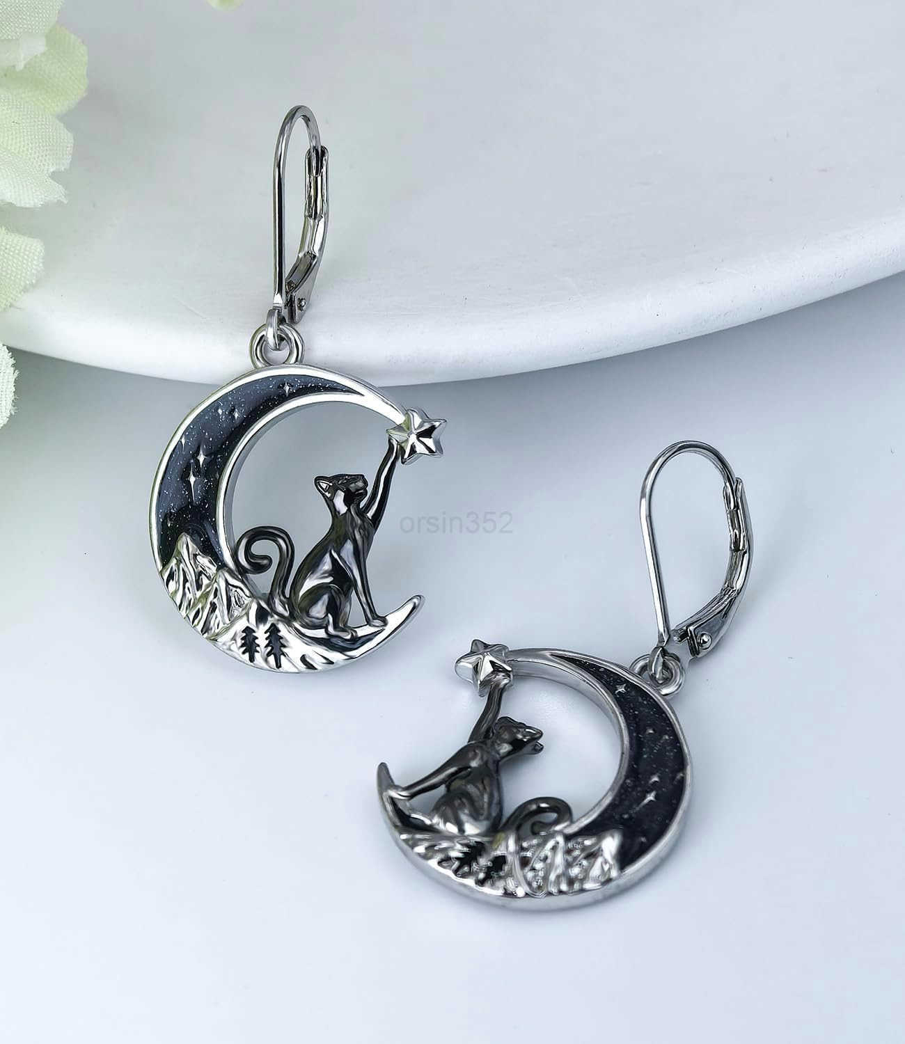 Black Cat4th of JulyBatSpiderPumpkinWolfBunnySun and MoonTurtleRaven 925 Sterling Silver Leverback Dangle Earrings Moon Gothic Christmas Earrings JeW2