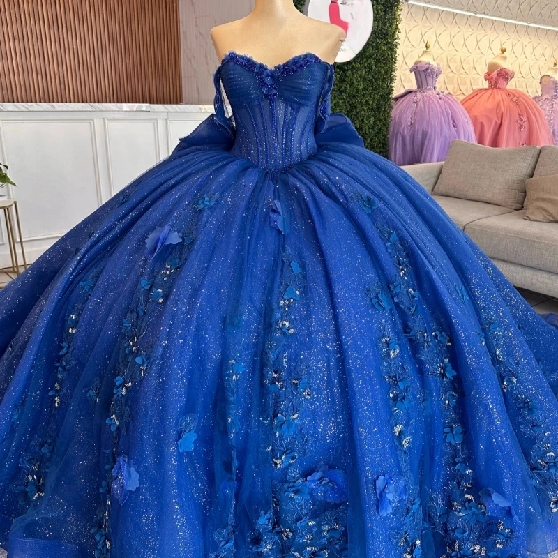 Royal Blue Quinceanera Dresses Ball Gown Off The Shoulder Applique Flower Beads Bow Tull Corset Party Birthday Sweet 16 Dress Vestidos 15 De Anos