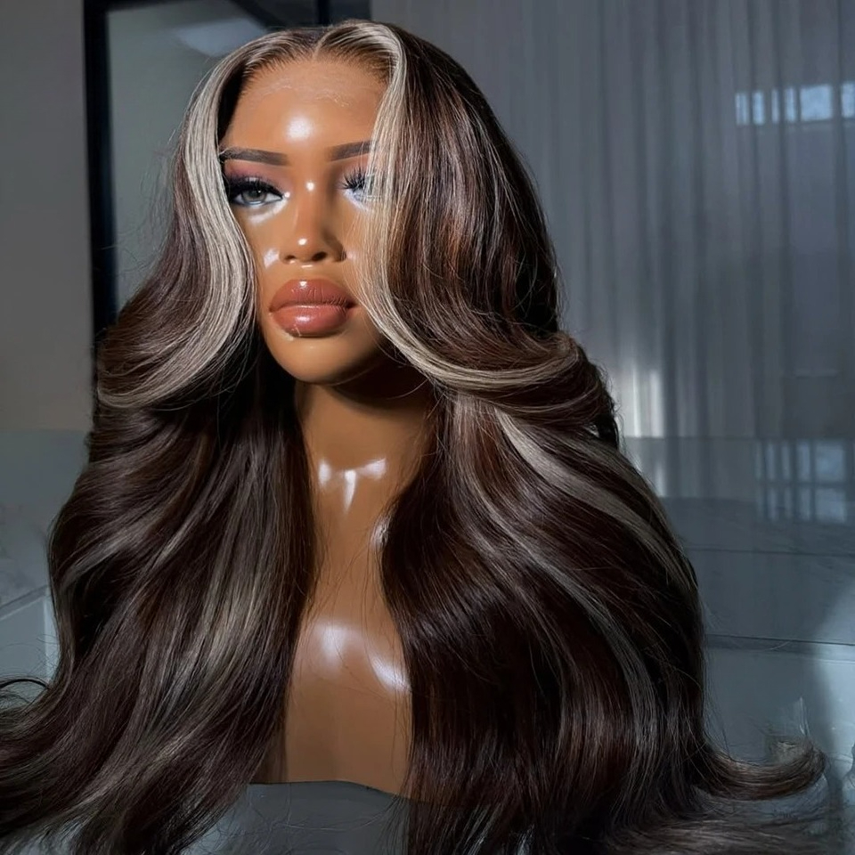 Transparent Highlight Blue Body Wave Human Hair Wigs Blue with Blonde 13x4 5x5 HD Lace Closure Wig Preplucked Brazilian Hair Wigs for Women