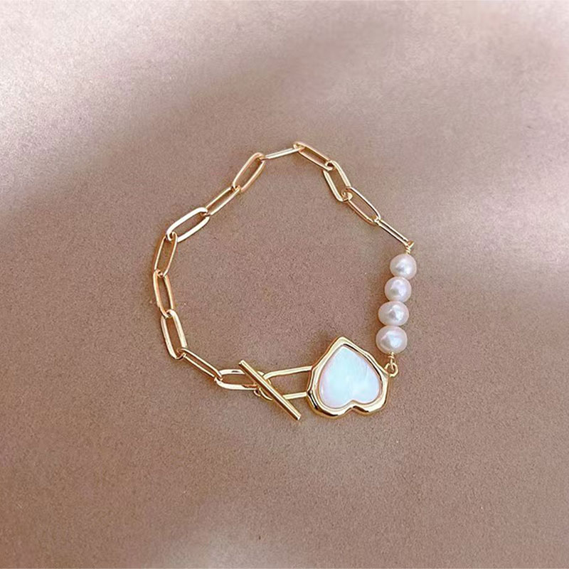 yeyipearl Heart OT Clasp Pearl Bracelet, Gold Plated with Mother of Pearl Charm, Dainty Adjustable Stainless Steel Jewelry for Women, Romantic Daily W