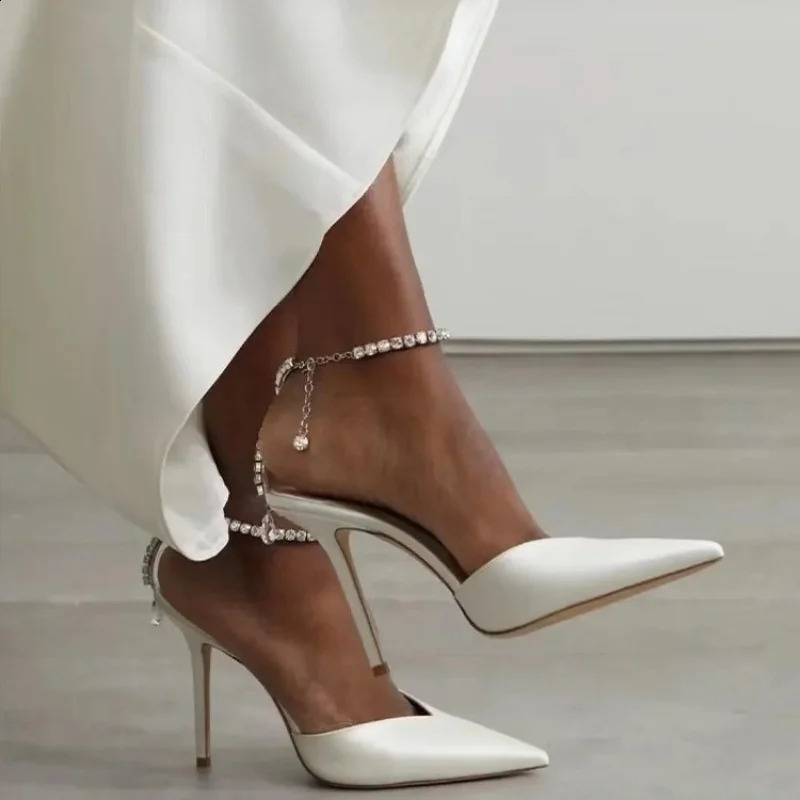 Satin Pumps Crystal Pendant One Word Rhinestone Chain High Heels Pointed Thin Heel Sexy Sandals Wedding Shoes 250911