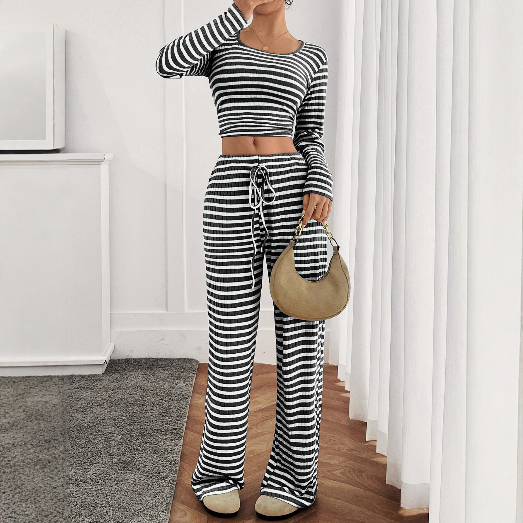 2025 Autumn New Women's S-striped Square Women's Long sleeved Top Collar Long sleeved Drawstring Pants Set Autumn/Winter New Designer Knitte