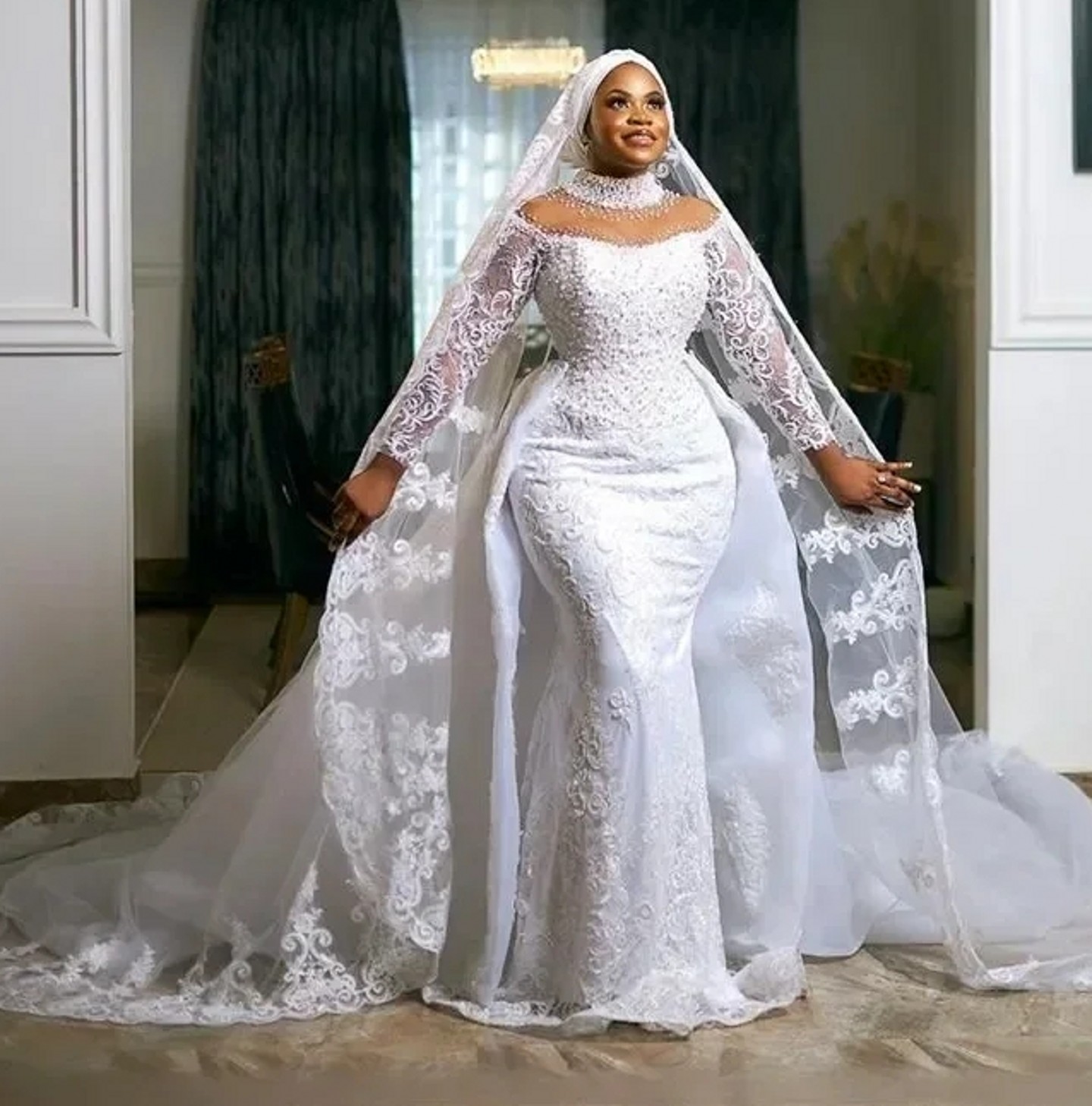 Plus Size Arabic African Wedding Dress Detachable Train High Neck Sequins Beads Lace Appliques Mermaid Bridal Gowns Vestidos De Novia