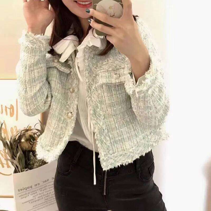 HMA New Fashion Korean Chic Vintage Tweed Woolen Jacket Coat Women Autumn Single Breasted Plaid Tassel Office Lady Outwear
