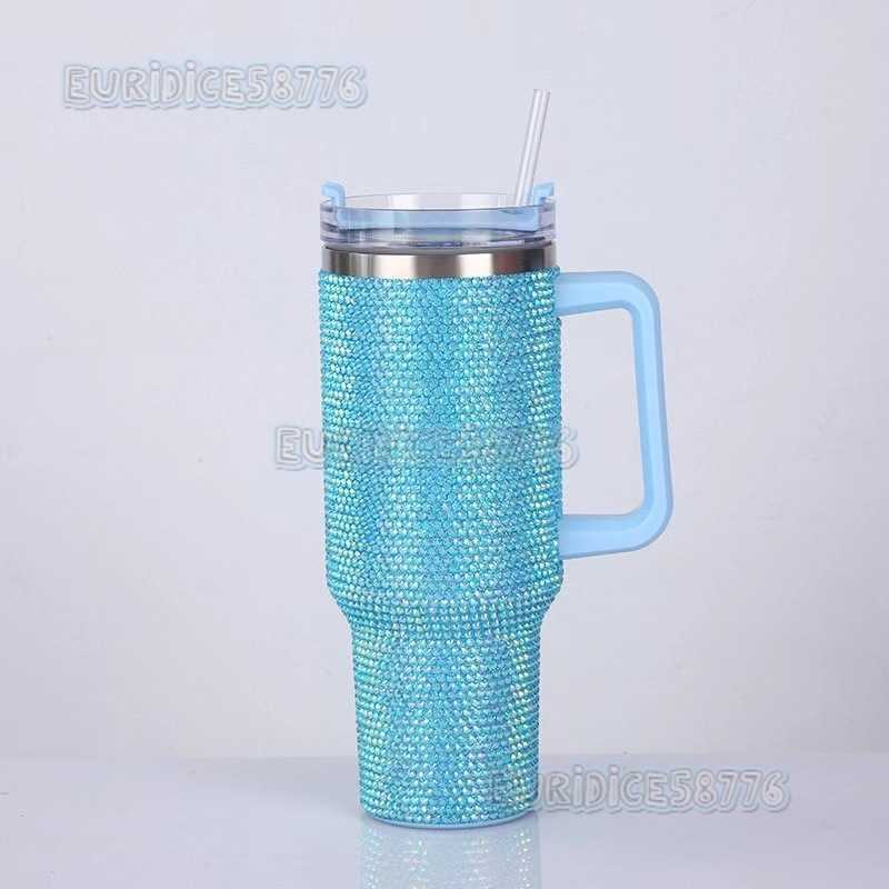 40oz Handle Cup Large Capacity 304 Stainless Steel Handmade Rhinestone Car Cup H250911