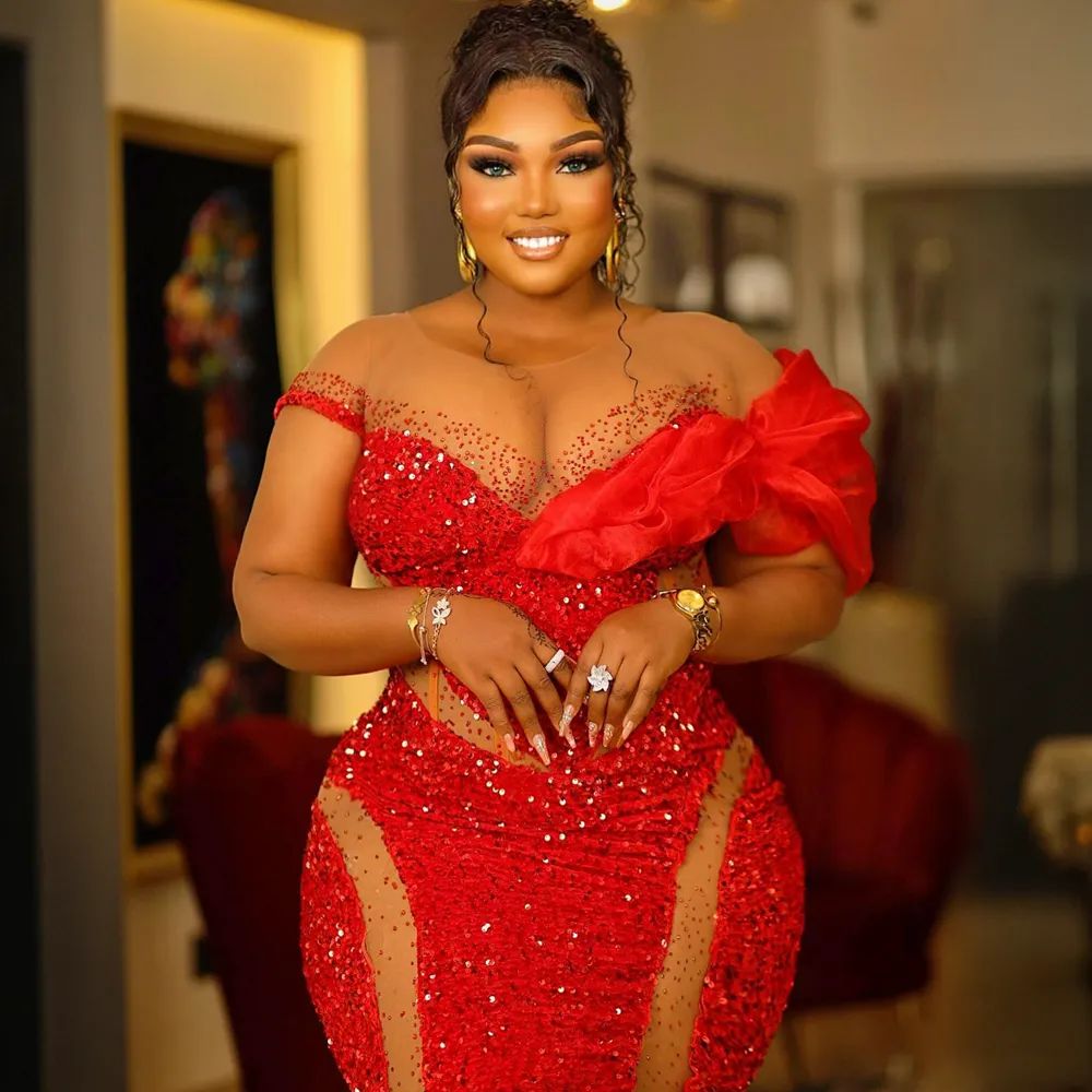 2025 Aso Ebi Prom Dresses Plus Size Red Mermaid Sparkling Sequins Lace Short Sleeves Evening Dresses Birthday Party Dress Engagement Gowns Vestido De 