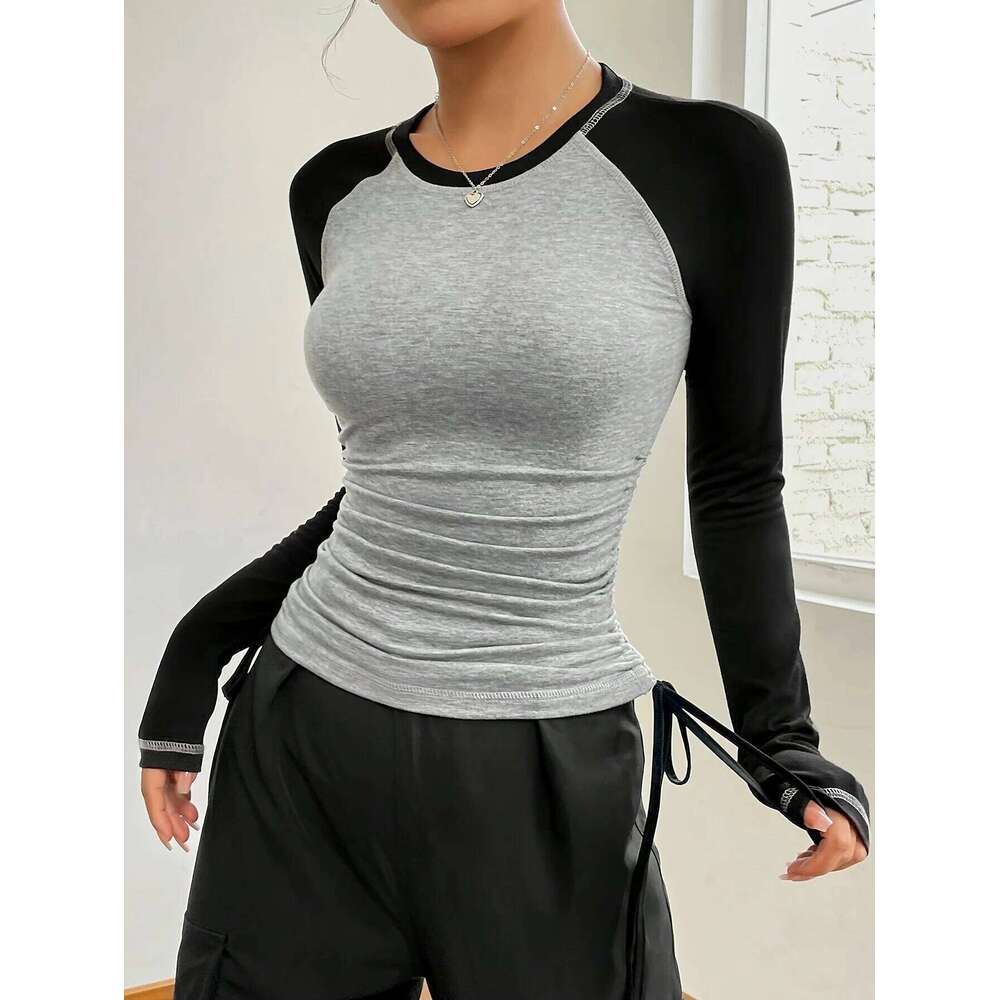Women Slim Fit T Shirts Holiday Party Crop Top Y2k Long Sleeve Korean Haruku Kpop Graphic Patchwork Tee