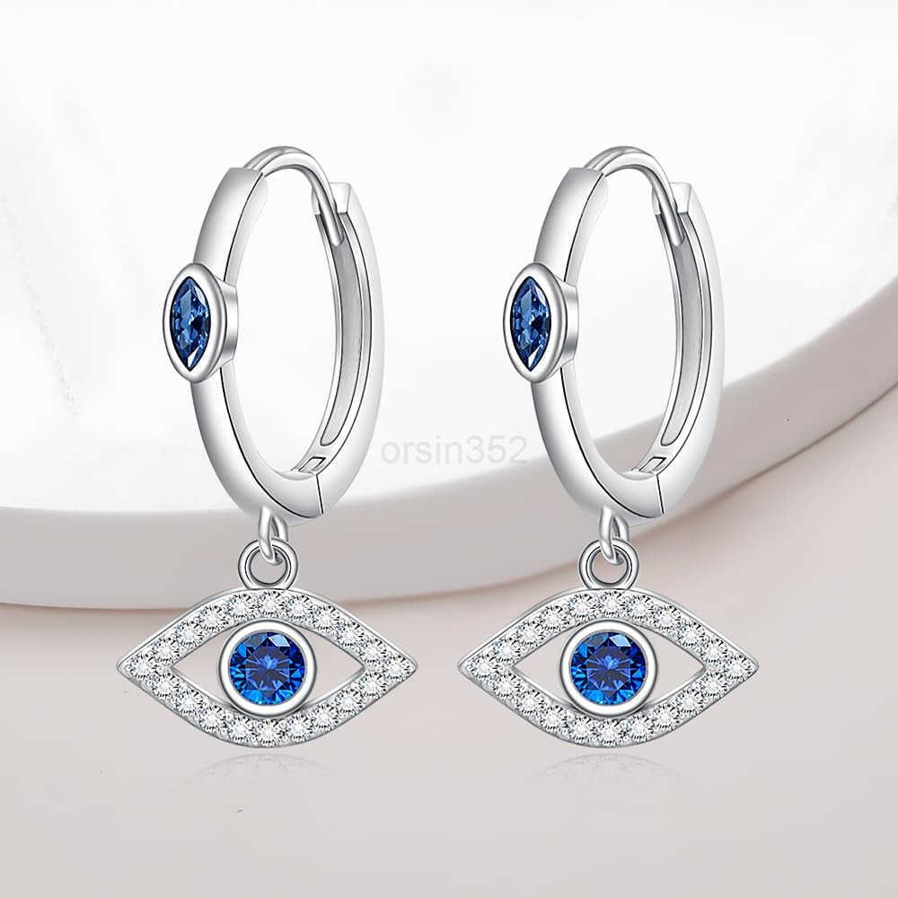 Eye Earrings for Women Sterling Silver Blue Greek Evil Eye Hoop Earrings Dangle Drop Protection Leverback Amulet Turkish Jewelry GiftsW250911