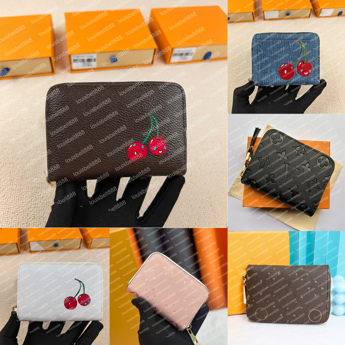 Woman cherry Short Zippy Wallets credit Card Holders Designer Mini Purses Pink Black New Ladies Fashion Wallet Coin Purse Zipper Hand Bag with box and dust bag
