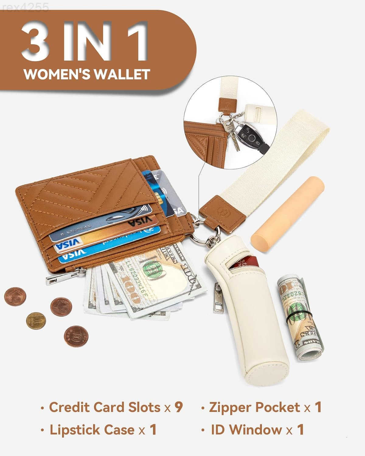 Keychain Wallet RFID Leather Credit Card Holder Wristlet Wallets for Women with Coin Purse Lipstick Case BeigeBrownW250911