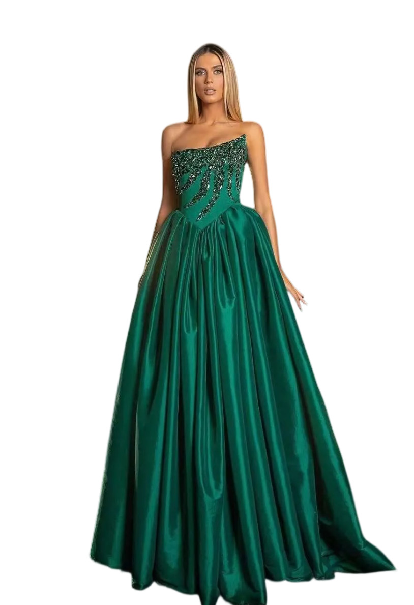 Evening Dresses For Women Strapless Sleeveless Gown Sequins Appliques Sweep Train Dress Party Prom Custom Made