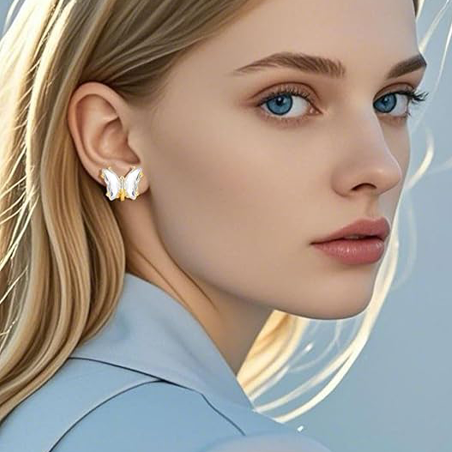 6 Pairs Butterfly Shape Crystal Clip on Earrings Non Pierced Stud Multicolored CZ Earrings for Women Gold Tone