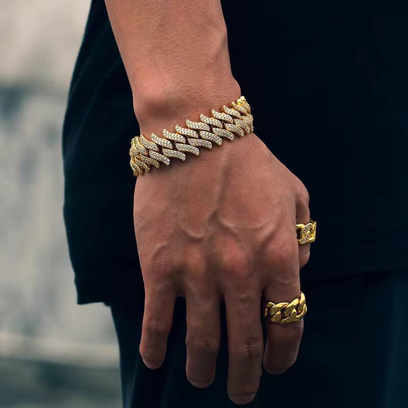 Fashion Jewelry Hip Hop Iced Out 18K Gold Plated Copper CZ Zircon Crystal Luxury Miami Cuban Link Chain Bracelet for Men Women