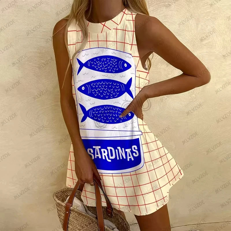 Orange Womens Sleeveless Dress Cute Sardines Fish Graphic Print Summer Short Dress Beach Vacation Party Girl Skirts 250910