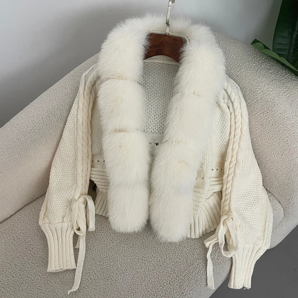 Knitting Cardigan Placket Coat Casual Real Fox Fur Fashion Short Warm Winter Women Knitted Jacket with Natural 250911