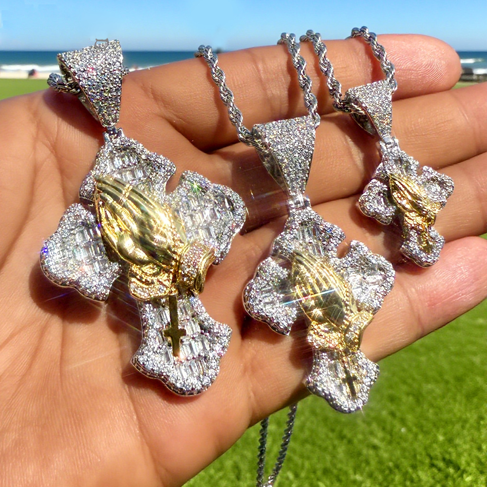 Hip Hop Praying Hands Cross Pendant Necklace 5A Zircon Boy Men Religion Jewelry