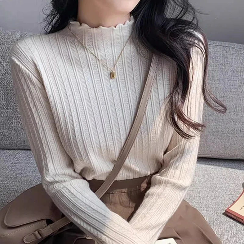 Autumn Winter Long Sleeve Women Mock Neck Sweater Casual Knitted Pullover Korean Fashion Slim Ladies Warm Tops 250911
