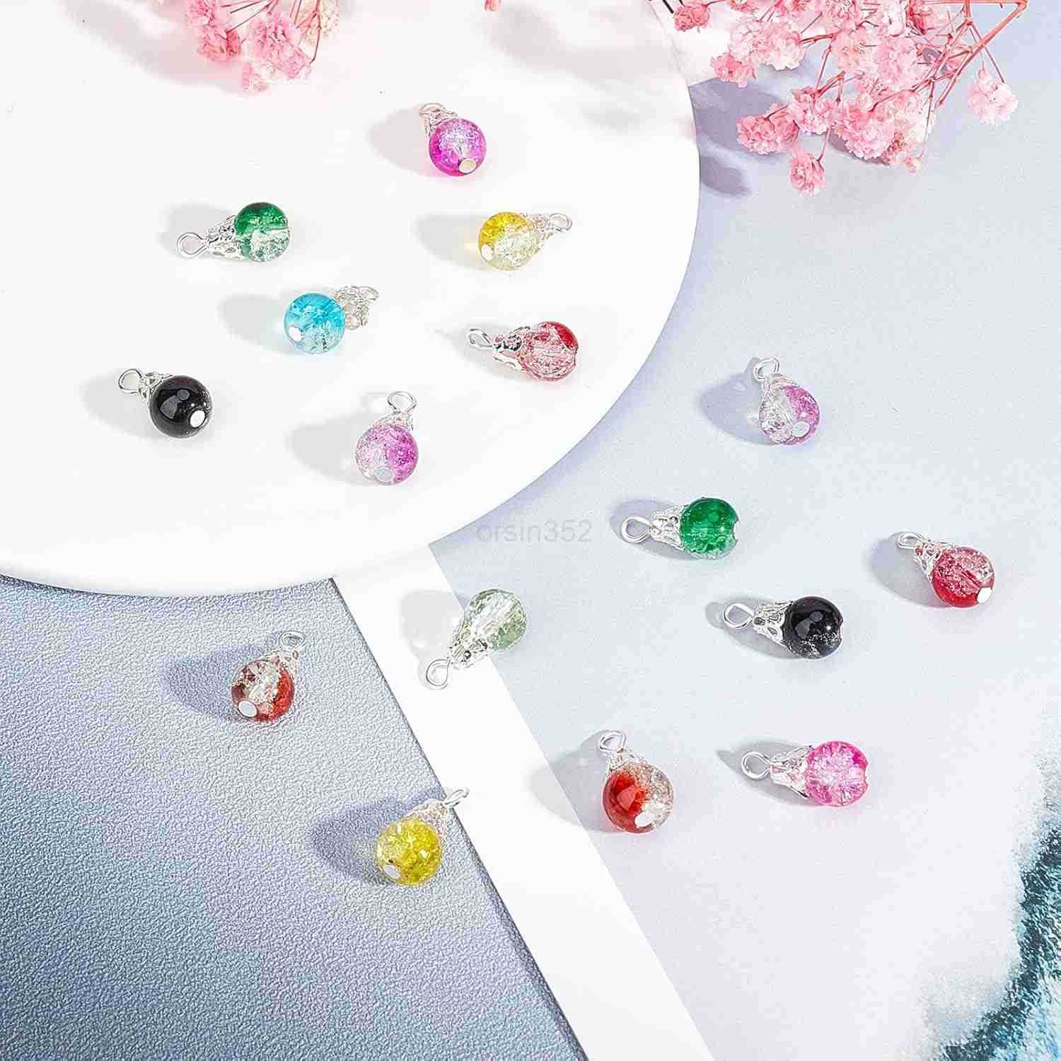 100pcs Crystal Dangle Charms Crackle Glass Drop Beads Charms 10 Color Dangle Bead with Silver Bead Cap Drops Beads Charms Pendants for Jewelry Making 
