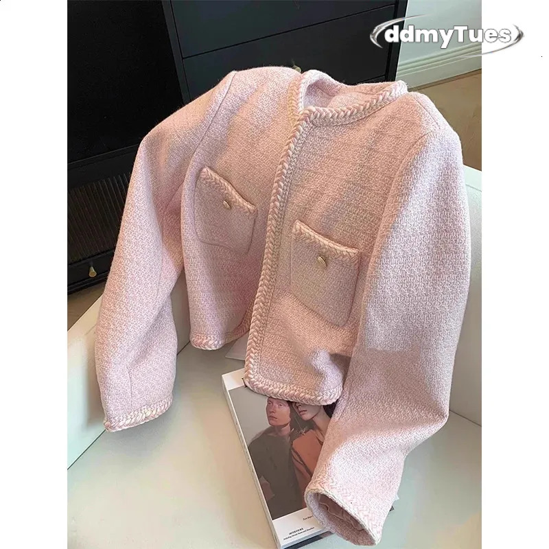 MEXZT Elegant Tweed Jacket Women Sweet Cropped Pink Coat Winter Korean Single Breasted Blazer Ladies Vintage Short Outerwear 240821 TUES