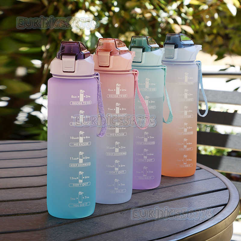 Gradient Color Water Bottle Frosted Space Cup Portable Rope Suction Mouth Water Cup 1000ml Gym Sports Water Bottle H250911