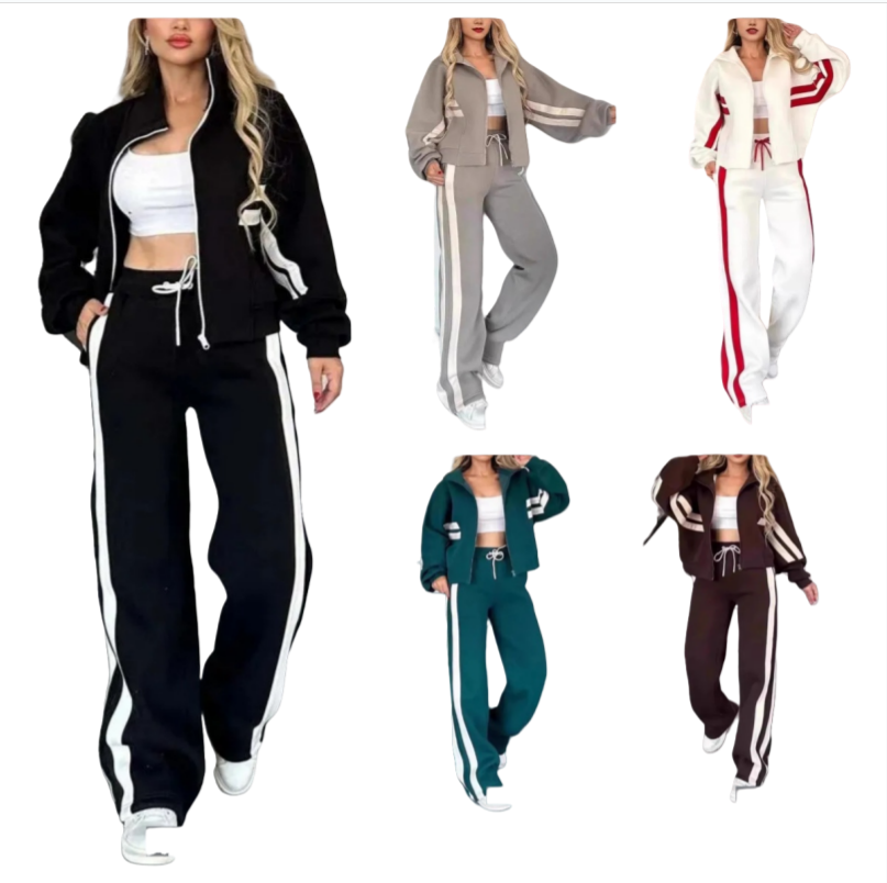 Women's Tracksuits Striped Zipper Coat Sweatpants Two Piece Set Women Casual Batwing Sleeve Sports Jacket Outfits Autumn Winter Sweatshirt