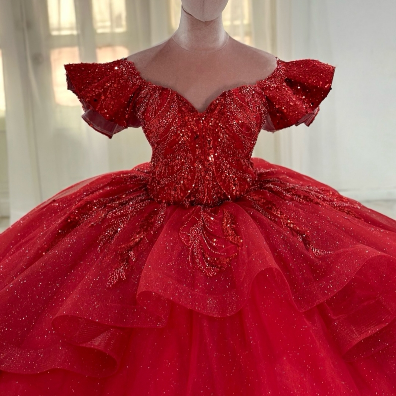 Red Shiny Quinceanera Dresses Ball Gown Off The Shoulder Lace Beading Crystal Tiered Tull Party Birthday Sweet 16 Dress Vestidos 15 De Anos