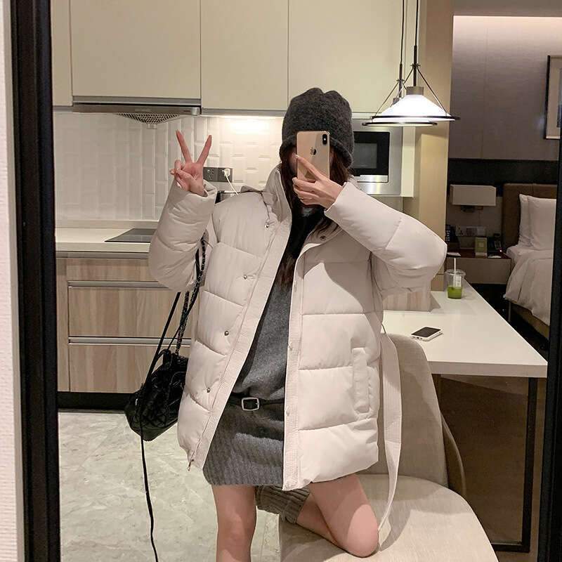 Winter New Solid Color Waist Cinched Hooded Fashion Versatile Trendy Korean Style Mid-Length Cotton Jacket for Women