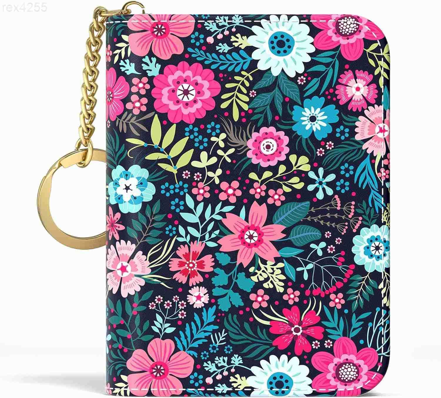 Credit Card Holder Small RFID Wallet Slim Leather Card Organizer Case with Zipper and Keychain Elegant FlowersW250911