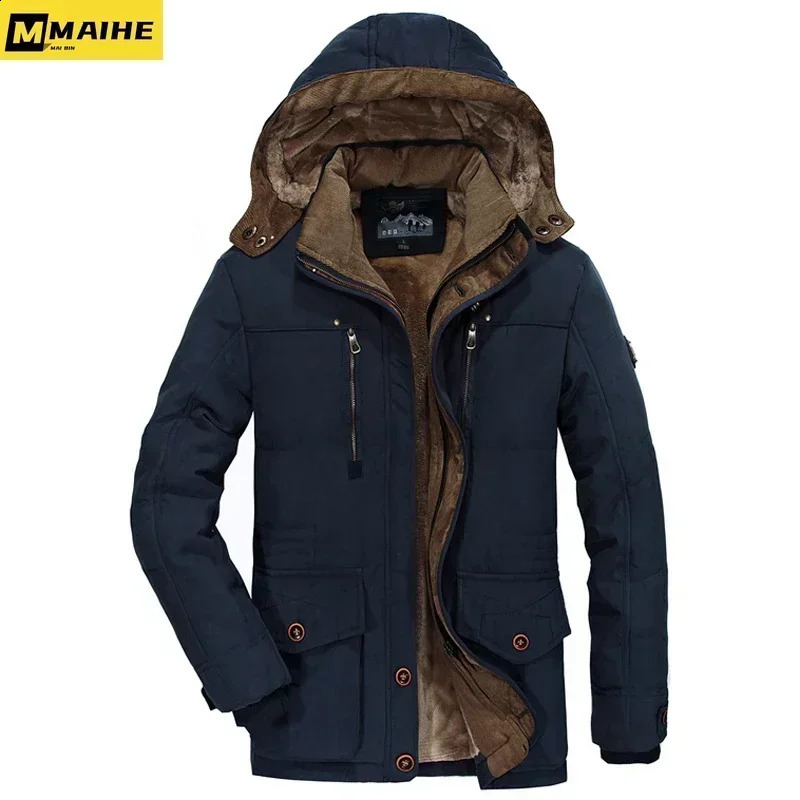 Mens Winter Thicken Cotton Snow Ski Hiking Jacket Warm Middle Aged Army Green Work Coat With Removable Hood Parkas Men Clothing 250911