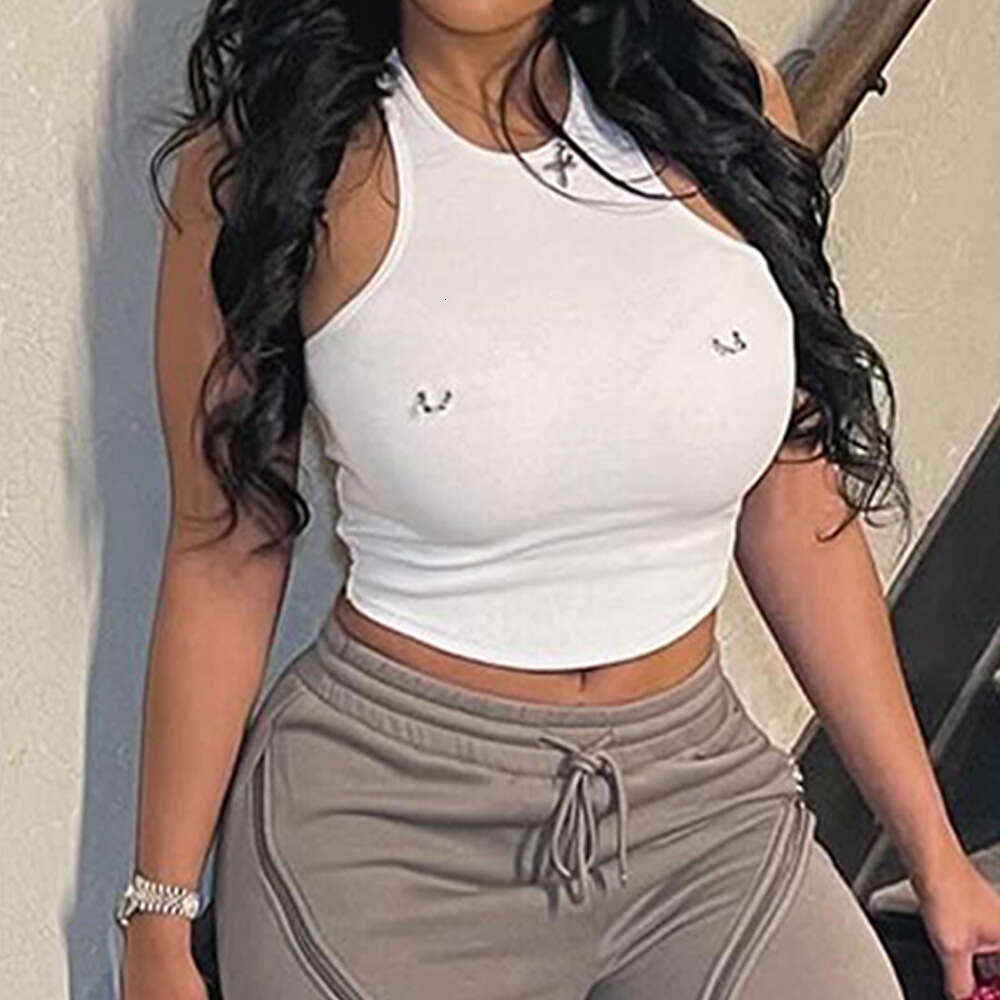 Women's Summer New Solid Color Metal Decoration Sexy Round Neck Designer Shoe Crop Top Vest for Women