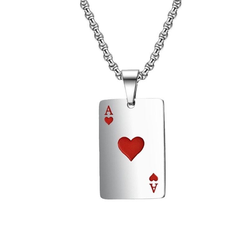 Lucky Spade Necklace Pendant, Hip-Hop Style Heart Ace of Spades Playing Card Cool Clubbing Pendant, Titanium Steel