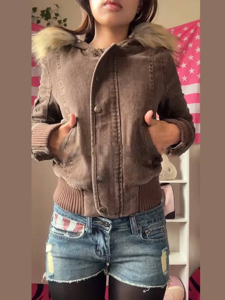 Elegant Fur Patchwork Hooded Coat Women Chic Thicken Zipper Pocket Button Female Jacket 2025 Autumn Winter Lady Streetwear
