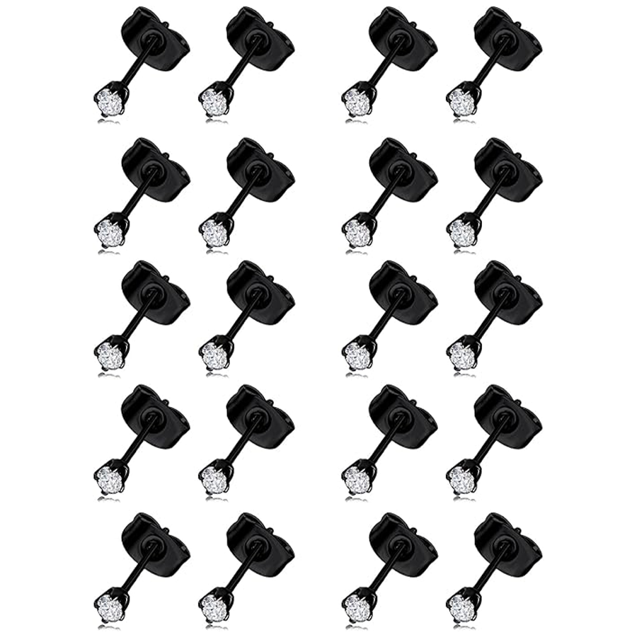 10 Pairs 20G 2mm Tiny Stud Earrings 316L Stainless Steel Small CZ Earring Set For Men Women Black Tone