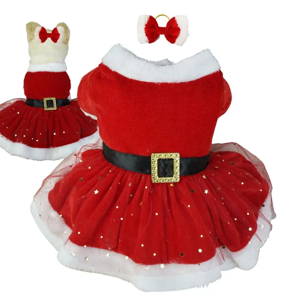Christmas Dog Dress with Velvet & Tulle Skirt, Matching Bow Hair Tie, Cotton Material, Warm & Comfortable, 4 Sizes for Dogs 1.5-8kg, Ideal for Christm