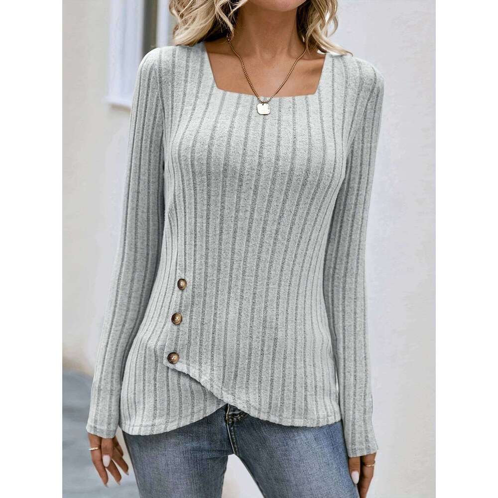 Square Neck Solid Ribbed Button Decort-Shirt, Casual Long Sleeve Top For Spring & Fall, Women's Clothing