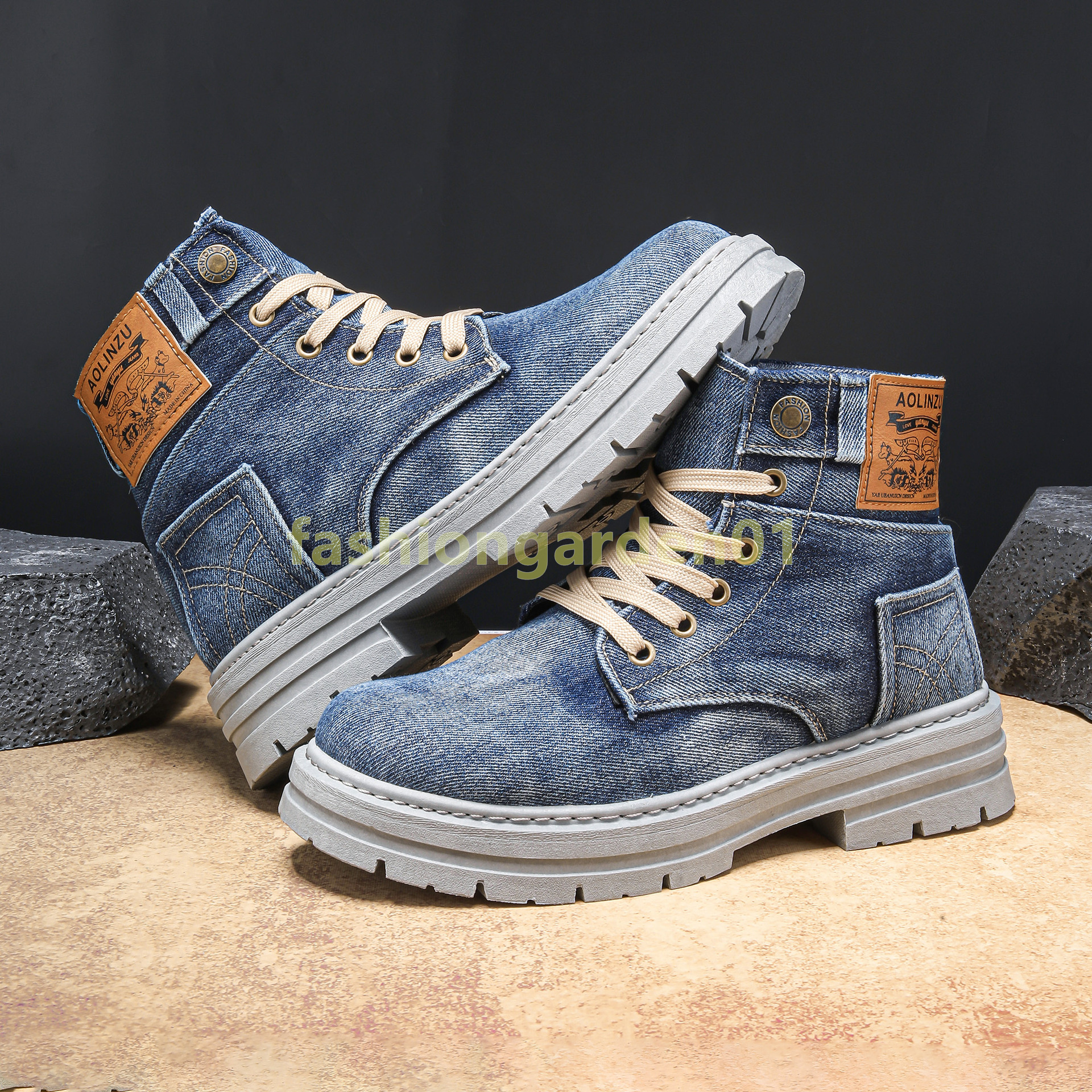 casual denim fabric mens designer boots martin boots fashion black blue high top enhanced grip comfort durable outdoor boot size 39-48