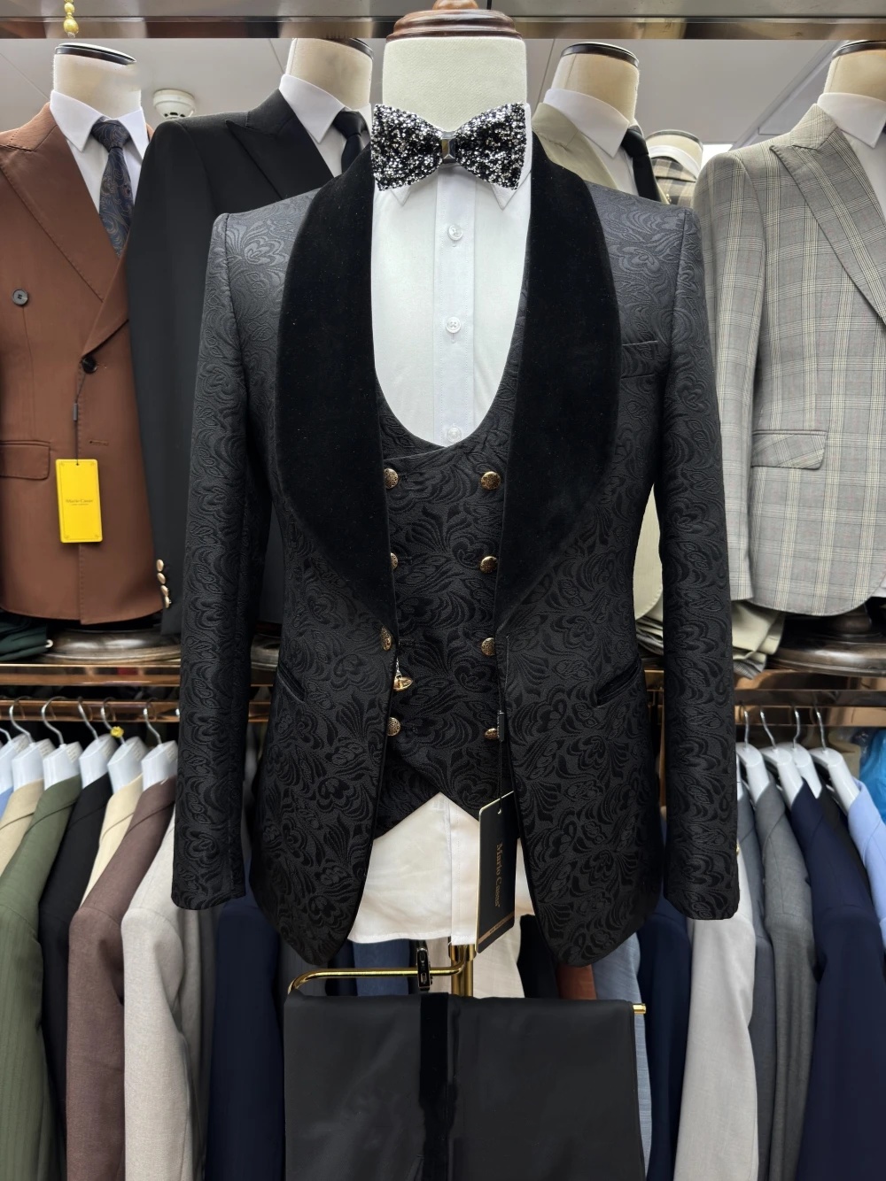 Vintage Men's Suit Jacquard Tailor-Made 3 Pieces Set Jacket Shawl Lapel Blazer Velvet One Button Groom Customized Coat Vest Pants Plus Size