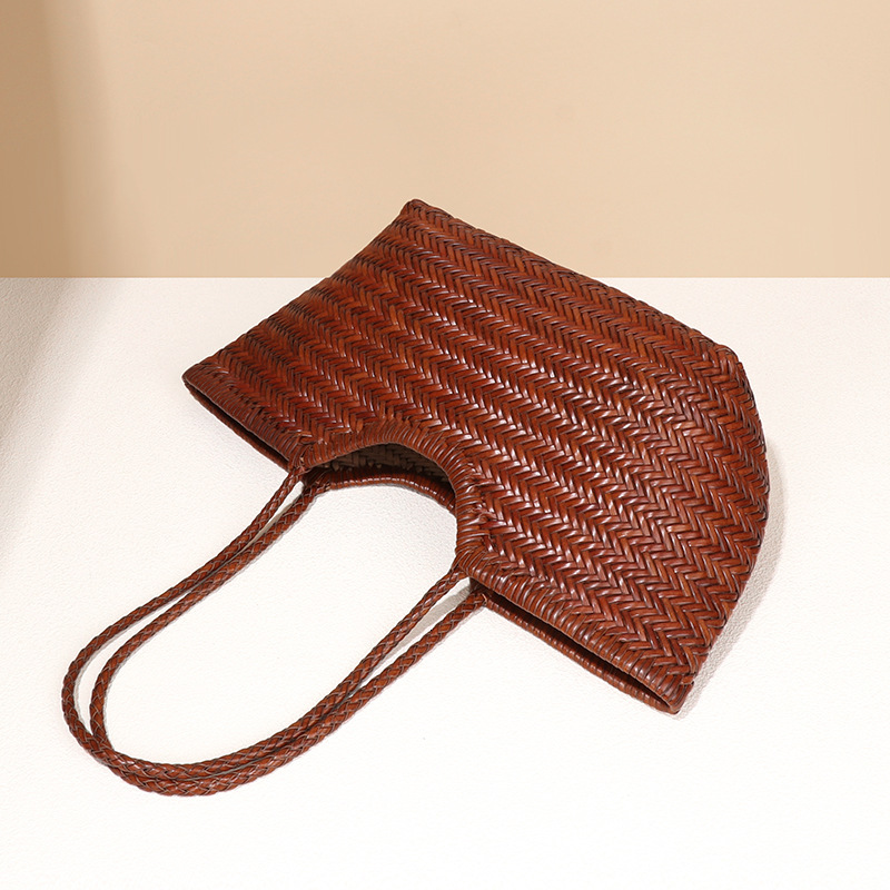 New Women's Spring Summer French Tote Genuine Leather Woven Basket Ins Style Irregular Shoulder Bag