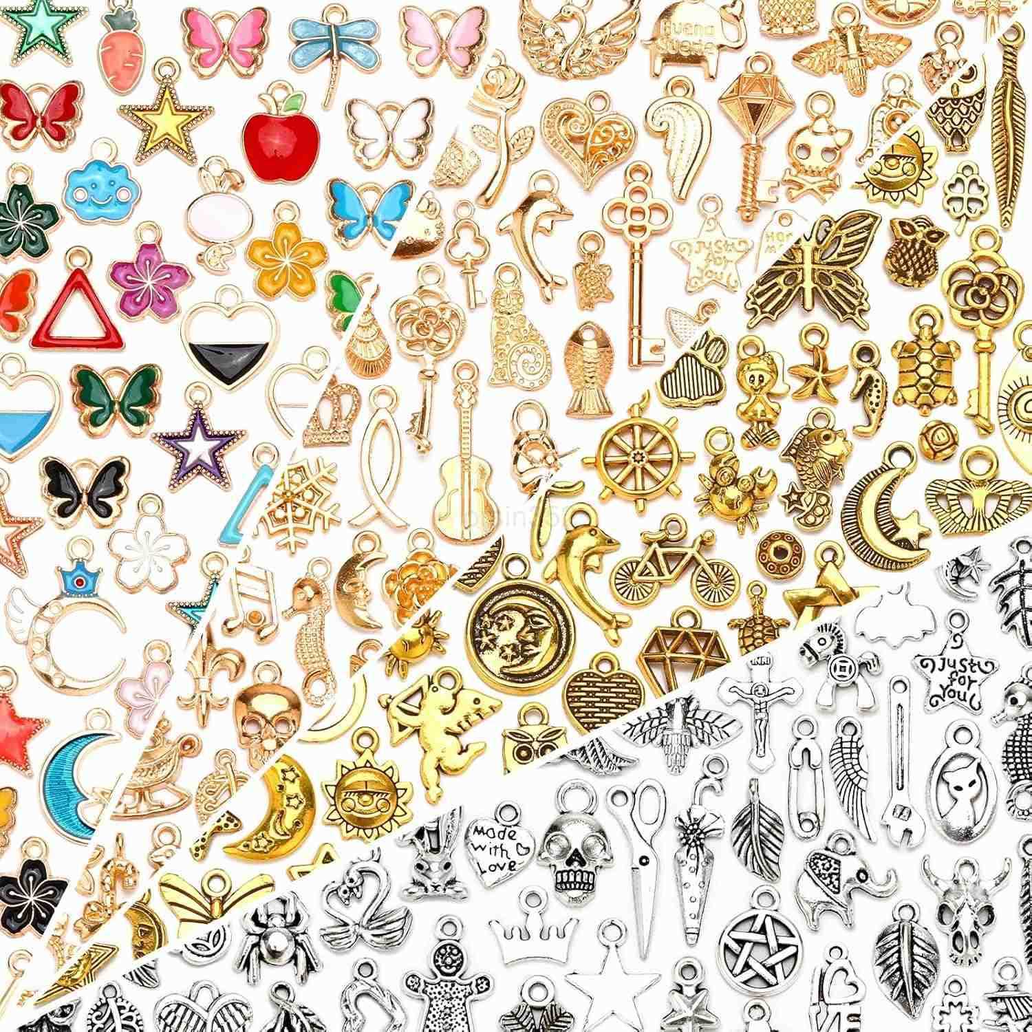 200Pcs Charms for Jewelry Making Assorted Enamel Charms Mixed Antique Gold Tibetan Silver Jewelry Bangle Charm Pendants for Necklace Earrings CrafW250