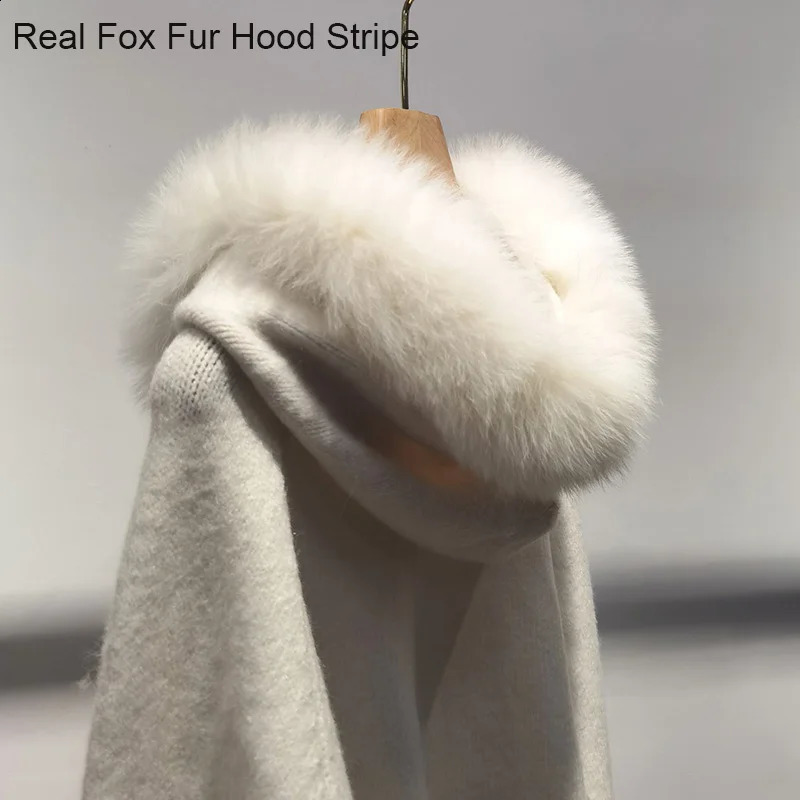 2024 Autumn Hooded Cardigan With Real Fur Stripe Long Sleeve Female Cardigans Zipper Causal Sweater Hood 250911
