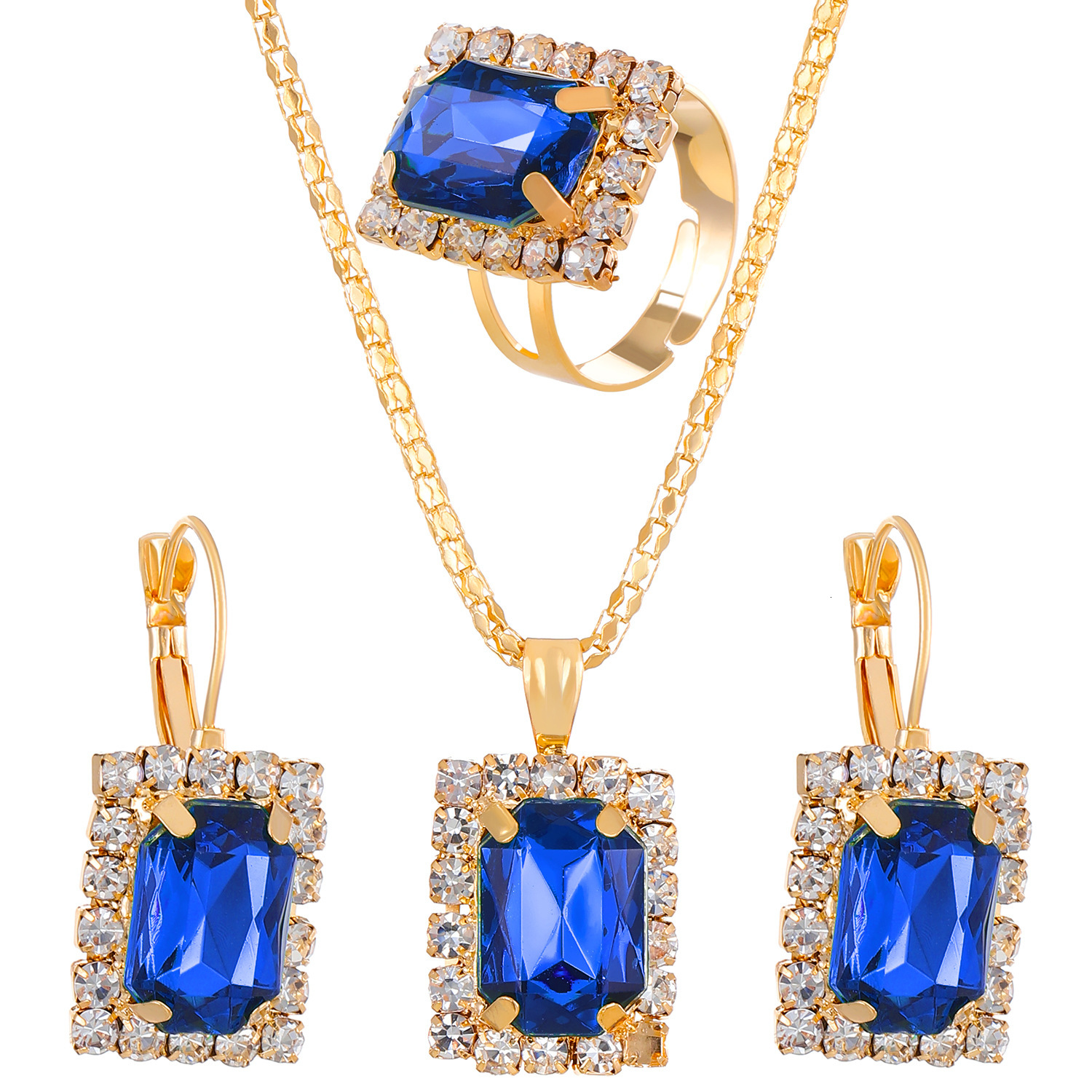 New -Encrusted Square Jewelry Ins Palace Style Bridal Necklace Earrings Ring Set