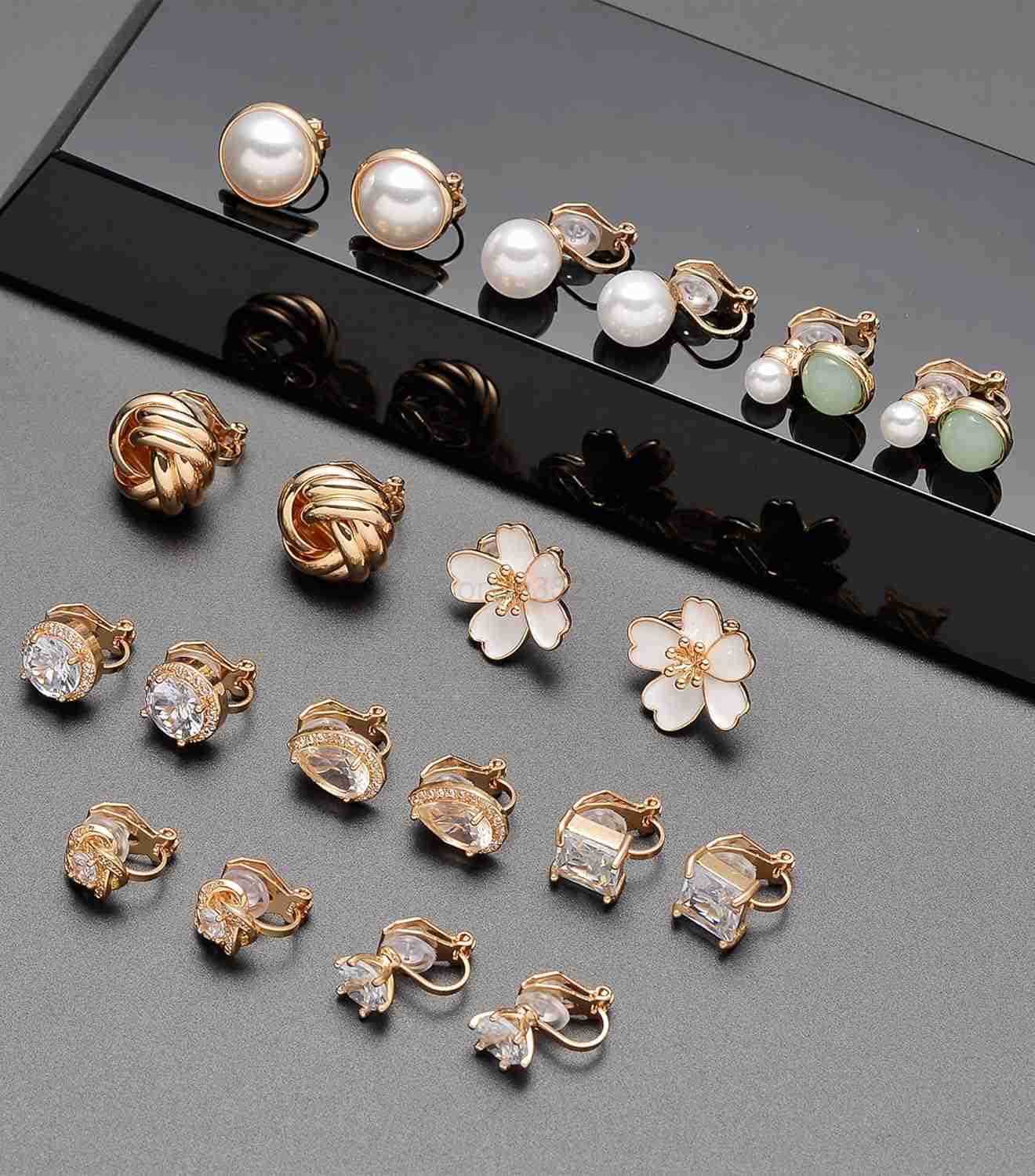 1015 Pairs Clip on Stud Earrings Non Pierced Teardrop Round Square CZ Pearl Twist Knot Flower Butterfly Heart Star Rainbow Cat Opal Clip on Earrings f
