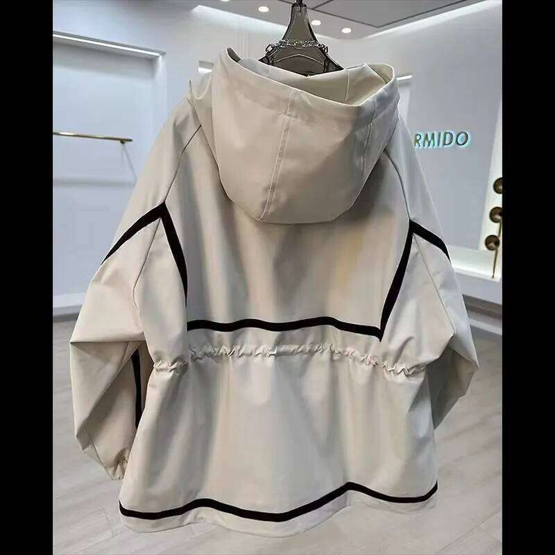 Fashion Hooded Ing Contrast Jacket Women's 2025 New Spring Autumn Waistband Leisure Loose Short Trench Coat Female